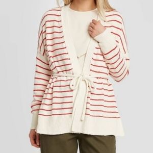 Red & white strip belted cardigan